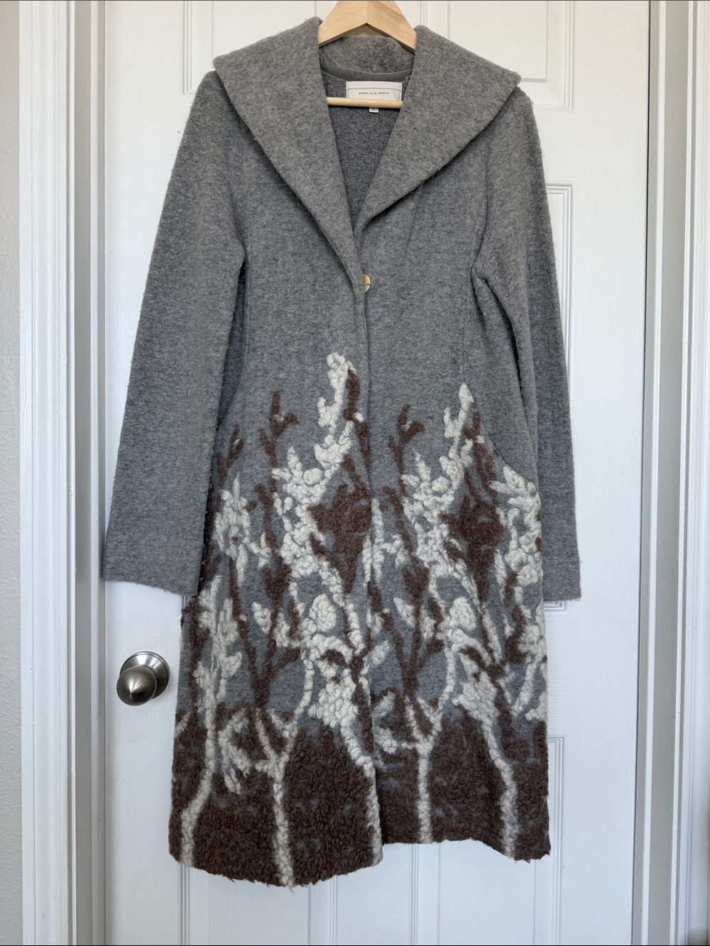 Embroidered Treeline Coat Gray Floral Knit Long Coat
